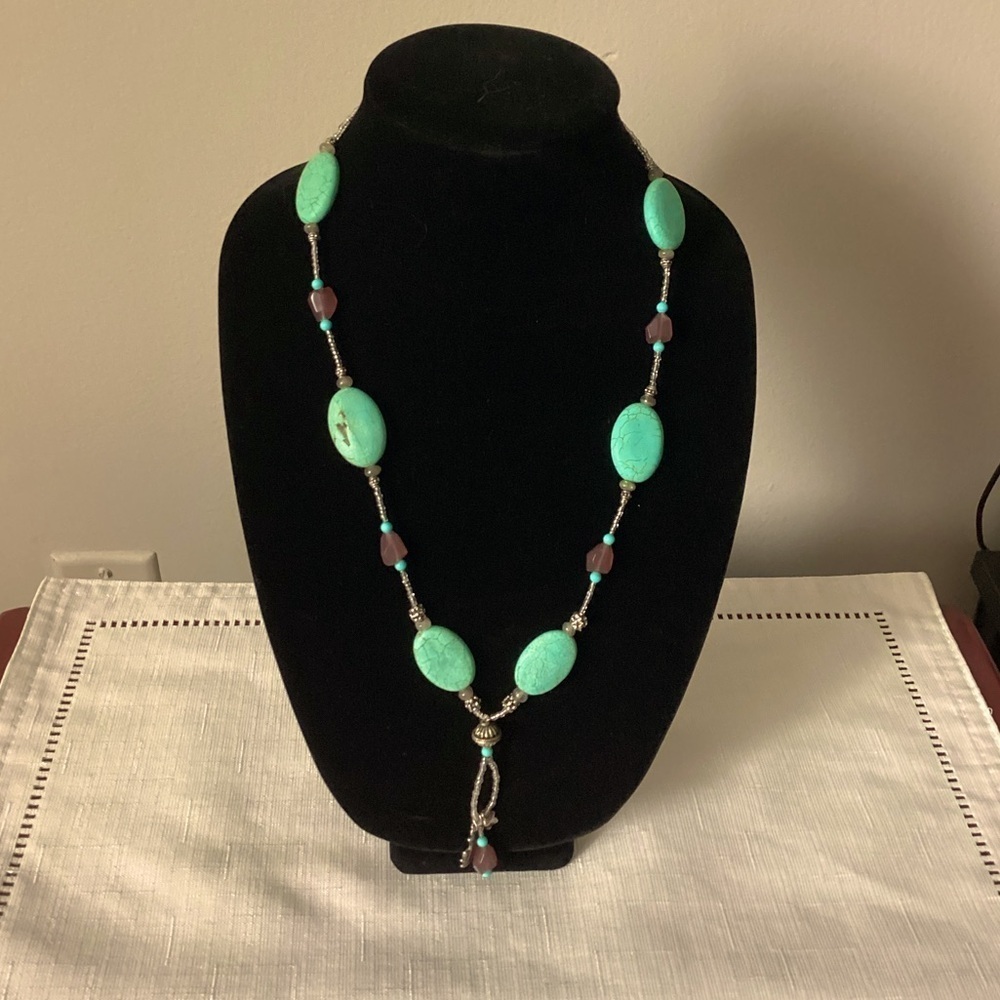Faux Turquoise Color Oval Flat Resin Stones and Seed Bead Silver Tone Necklace